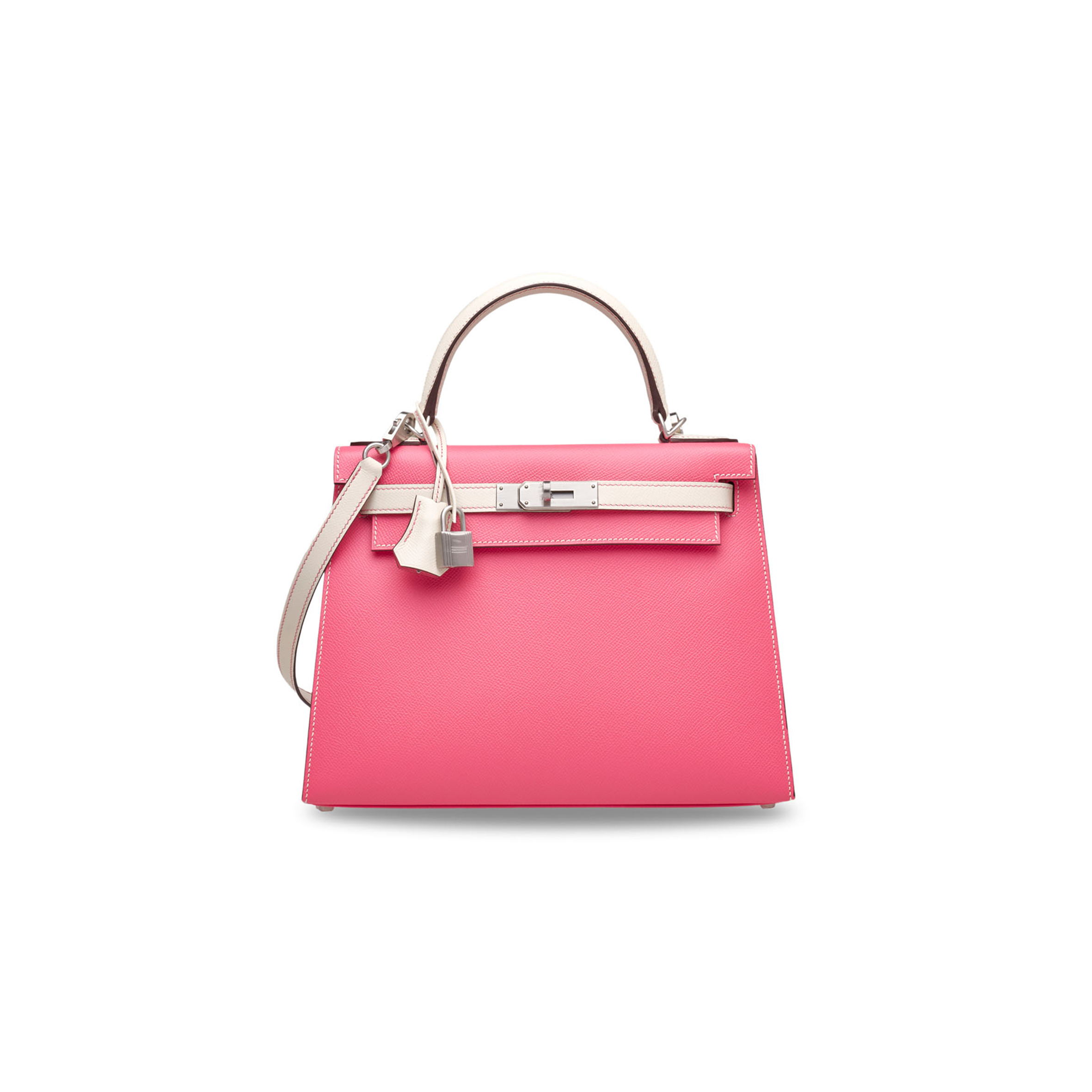 HERMÈS ROSE AZALÉE & CRAIE EPSOM LEATHER SELLIER KELLY 25 WITH BRUSHED PALLADIUM HARDWARE (25*17*7cm)